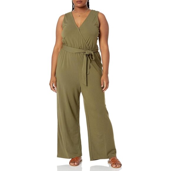 Plus Size Olive Green Sleeveless Wide-Leg Jumpsuit With Waist Tie - Picture 4 of 5